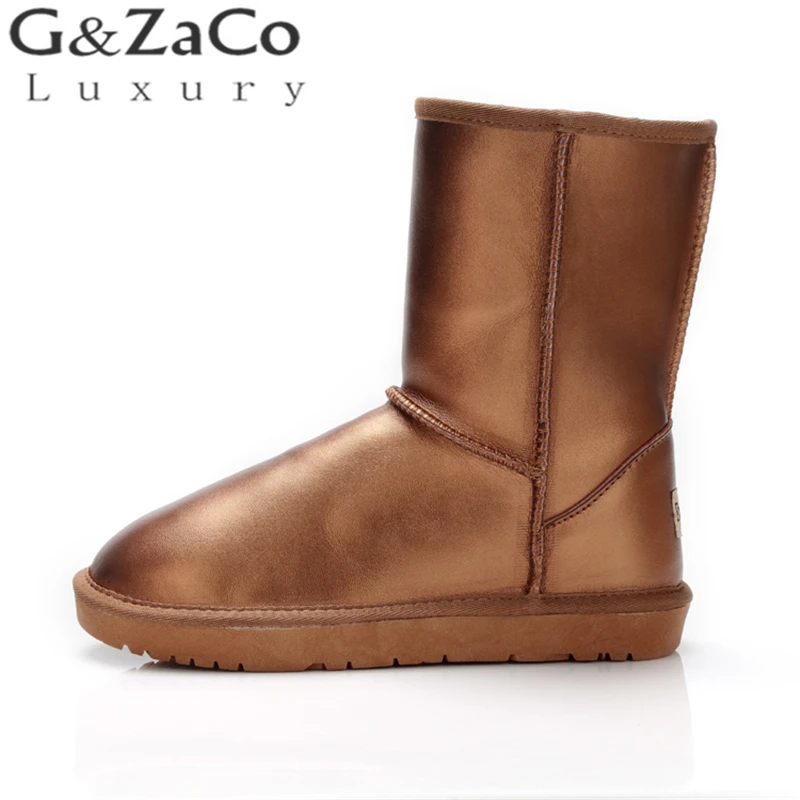 G& Zaco/сапоги из натуральной кожи; женские зимние сапоги из коровьей кожи; водонепроницаемые черные теплые женские зимние сапоги до середины икры на плоской подошве - Цвет: Золотой