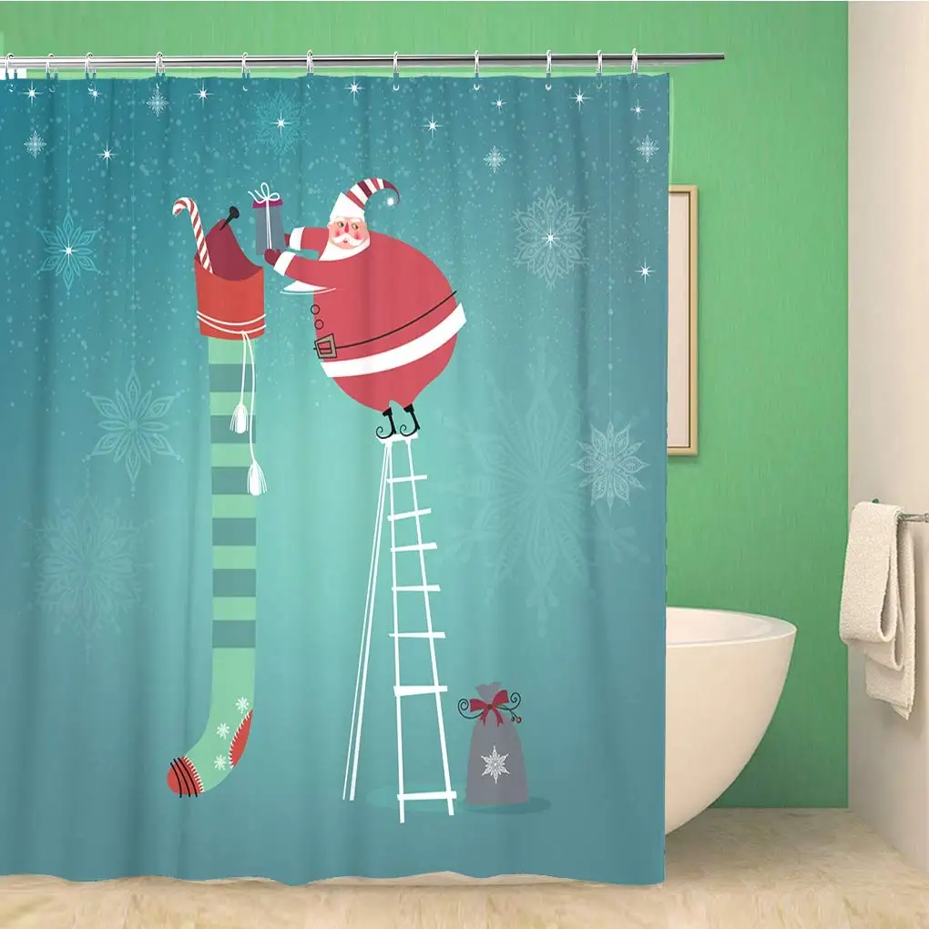 

Bathroom Shower Curtain Cute Santa Claus on Ladder Putting Into Extra Long Christmas 72x72 inches Waterproof Bath Curtain Set