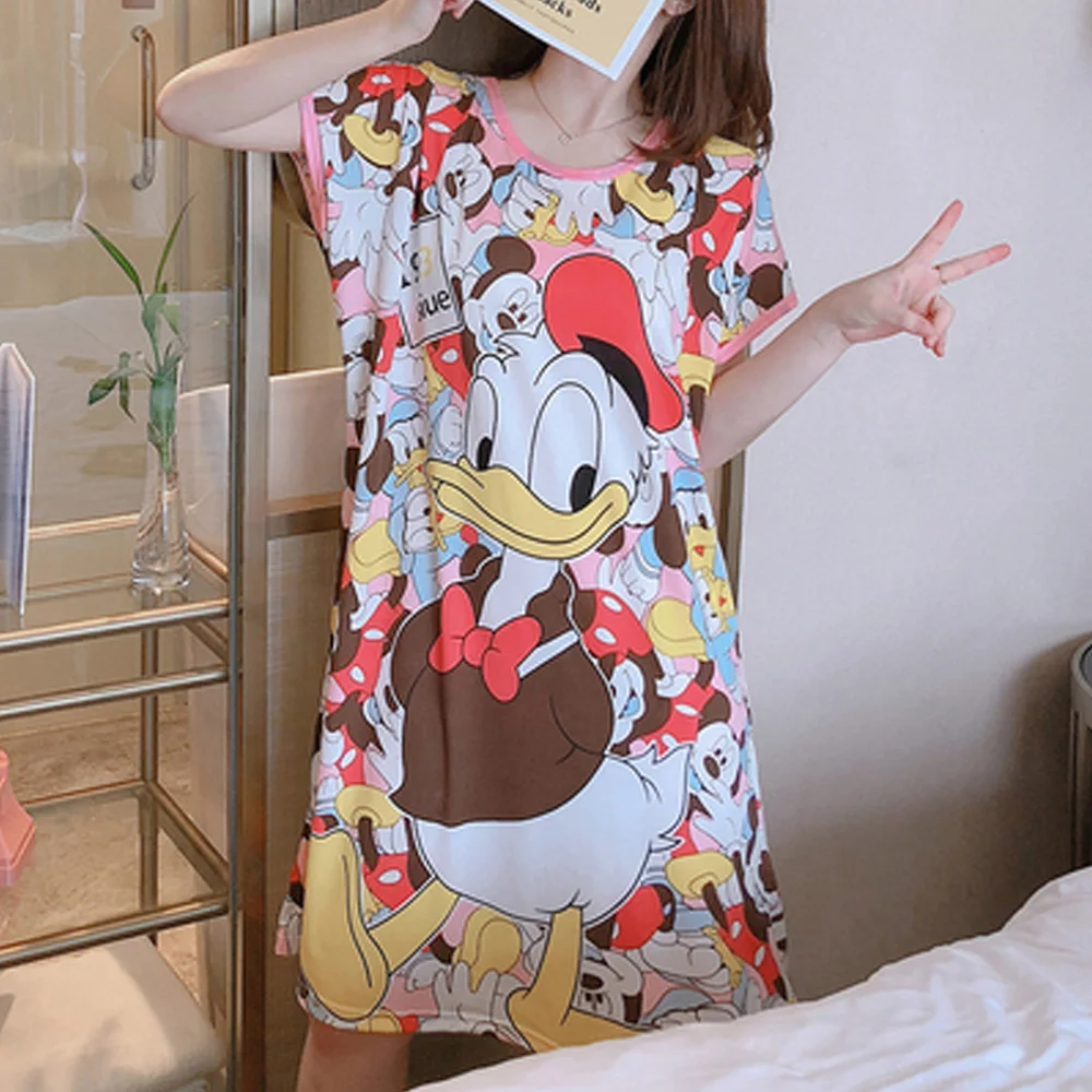 Disney Fashion Minnie Mickey Mouse Goofy Daisy Donald Duck Cartoon Print Loose Nightgowns Sleepshirts Sweet Women Sleep Tops