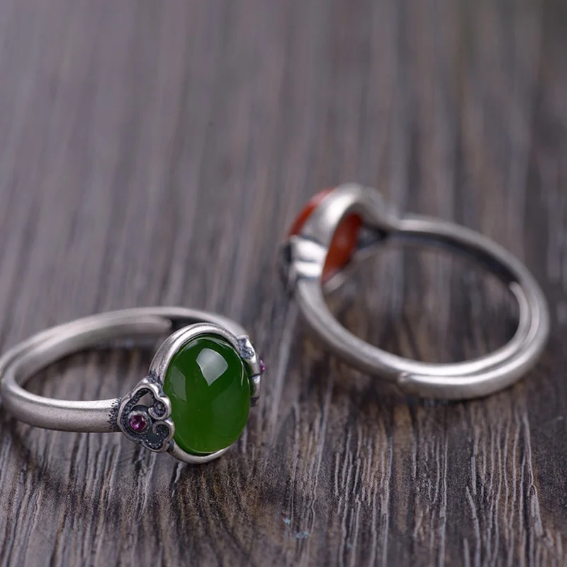 Настоящее 925 пробы серебряные кольца для женщин Натуральный Сердолик и нефрит установка маленькие винтажные кольца с изменяемыми размерами