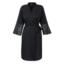 Черный женский однотонный цветной халат, ночная рубашка, пэчворк, кружевной рукав, кимоно, халат, домашняя одежда для сна, свободные, для отдыха, Неглиже