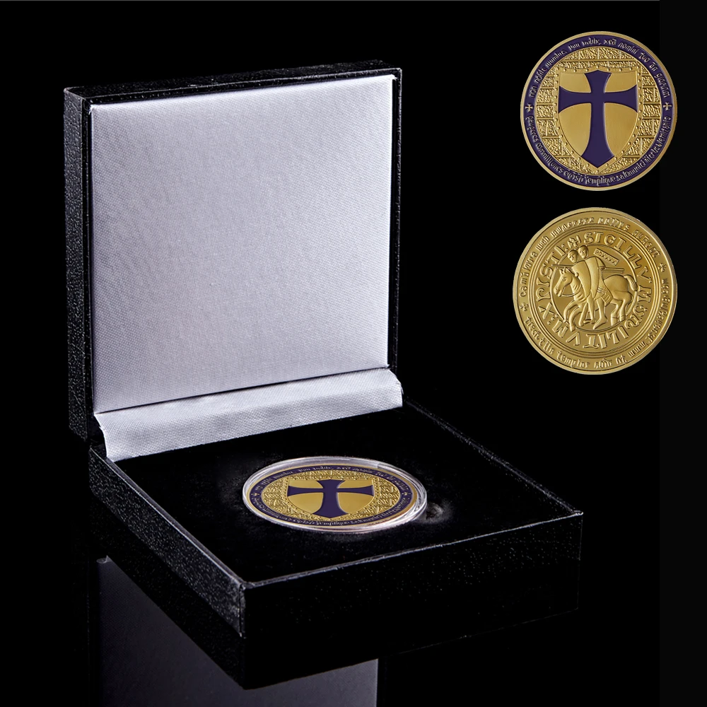 

Gold Mason Knights Templar Masonic Purple Holy Cross Crusader Metal Commemorative Coin W/ Luxury Box