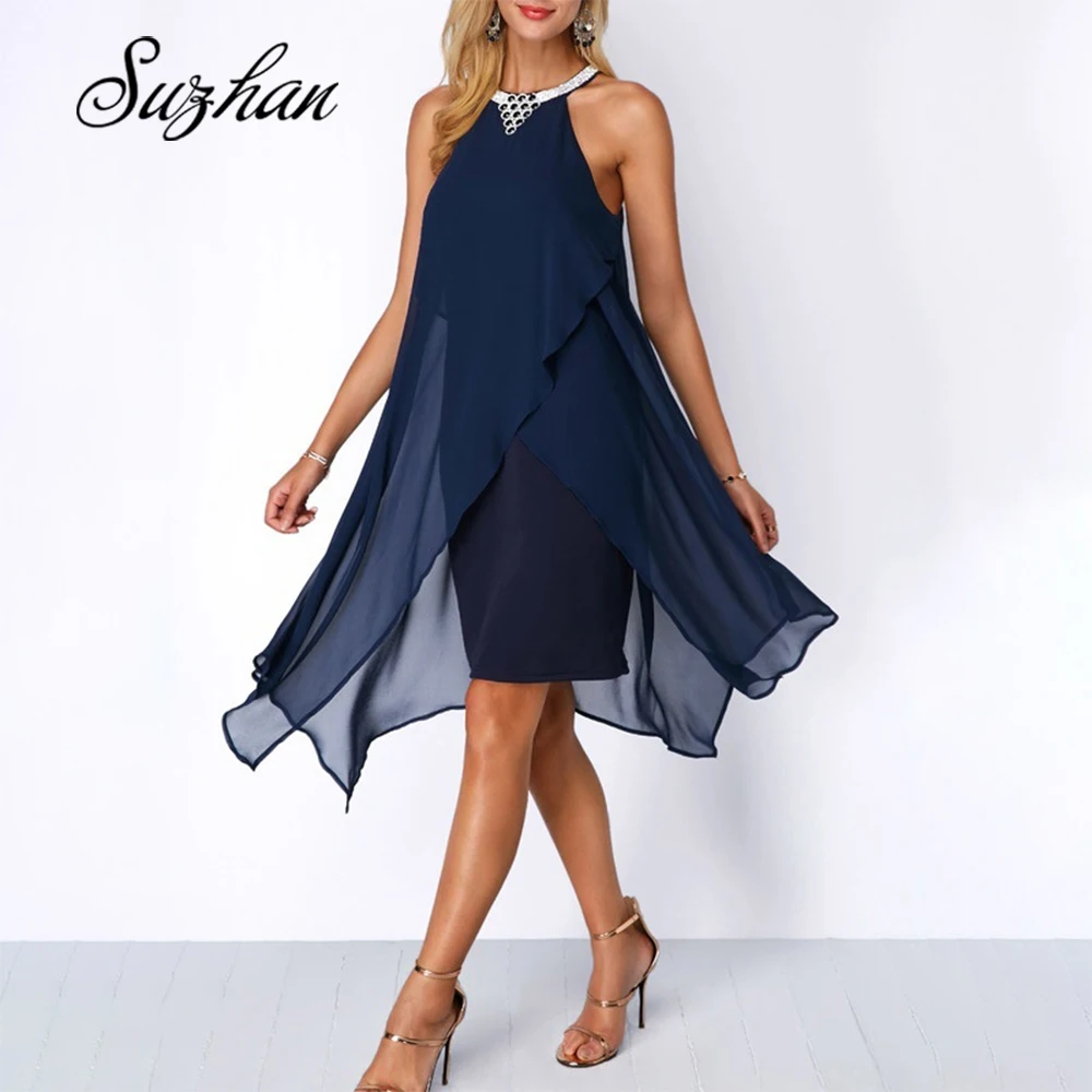 

Suzhan 2019 Sexy Women Irregular Dress Halter Neck Sleeveless Solid Summer Dresses Loose Dress