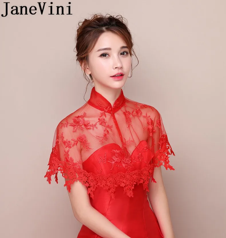 JaneVini 2019 Lace Red Bridal Capes Wedding Dress Wrap Shoulder Cover High Neck Lebanon Women Jackets Boleros Bride Shawl Shrugs