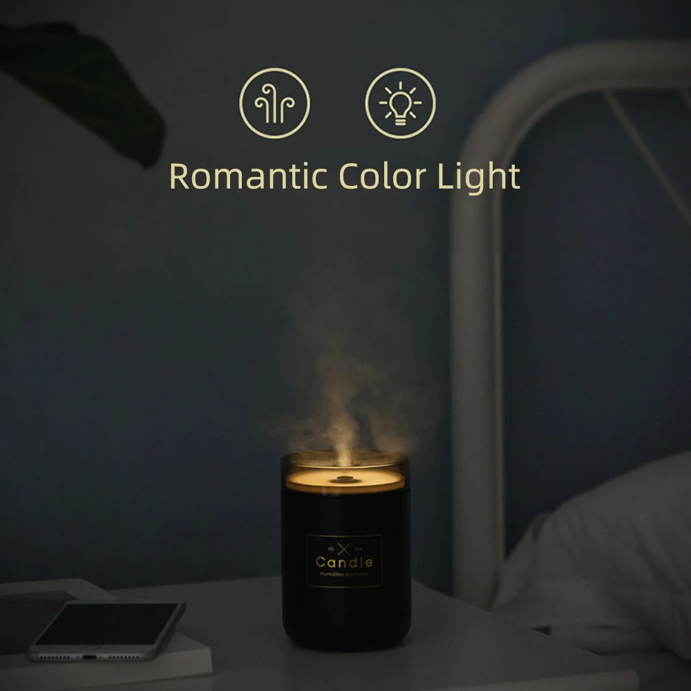 

Car Purifier Aroma Anion Mist Maker 1pcs 280ML Ultrasonic Air Humidifier Candle Romantic Soft Light USB Essential Oil Diffuser