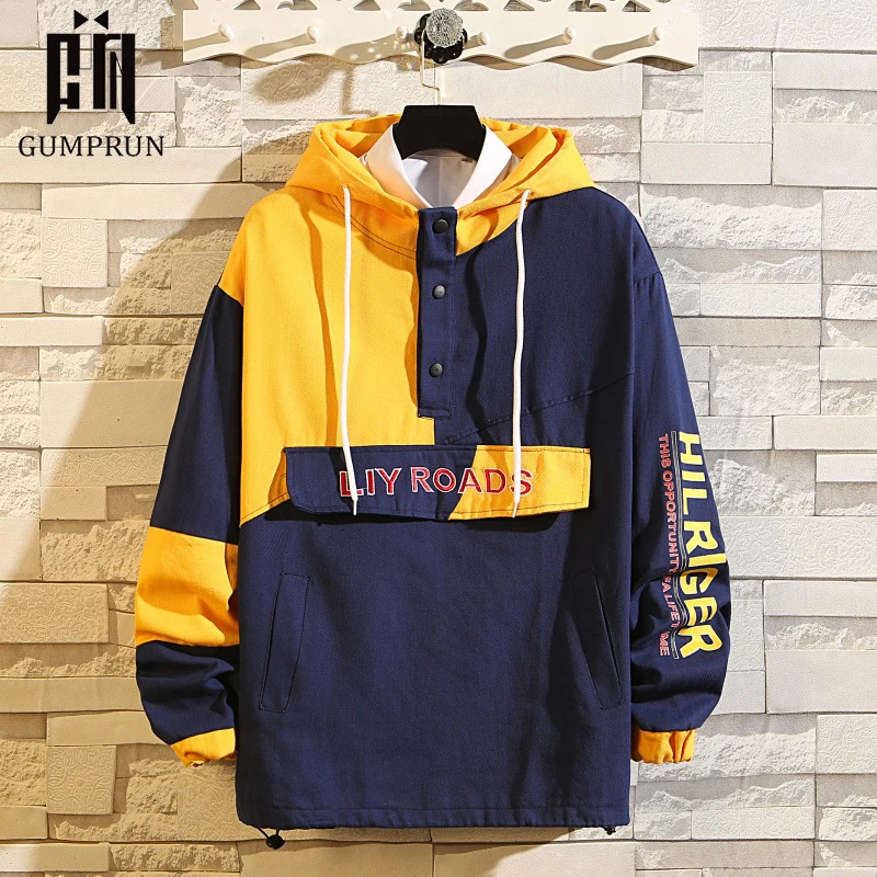 Pockets Half Zipper Pullover Windbreaker Track Jackets Men Autumn Hip Hop Harajuku Coats Streetwear Male Color Hooded Jacket | Мужская
