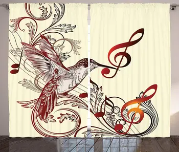 

Hummingbirds Window Curtains Flying Bird Musical Notes Clef Musical Ornate Design Living Room Bedroom Decor Curtain Window Black