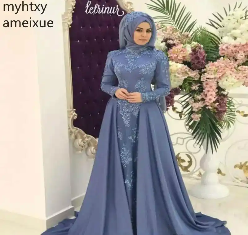 2020 Custom Arabic Saudi Muslim Blue Evening Dress High Neck Hijab Long Sleeves Holiday Women Wear Formal Party Gown Custom Made Aliexpress