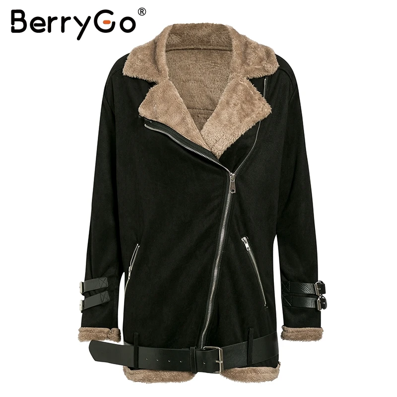 BerryGo уличная куртка из искусственной кожи, Женская мотоциклетная куртка из овечьей шерсти, куртка-бомбер, Зимняя Толстая теплая куртка размера плюс, верхняя одежда