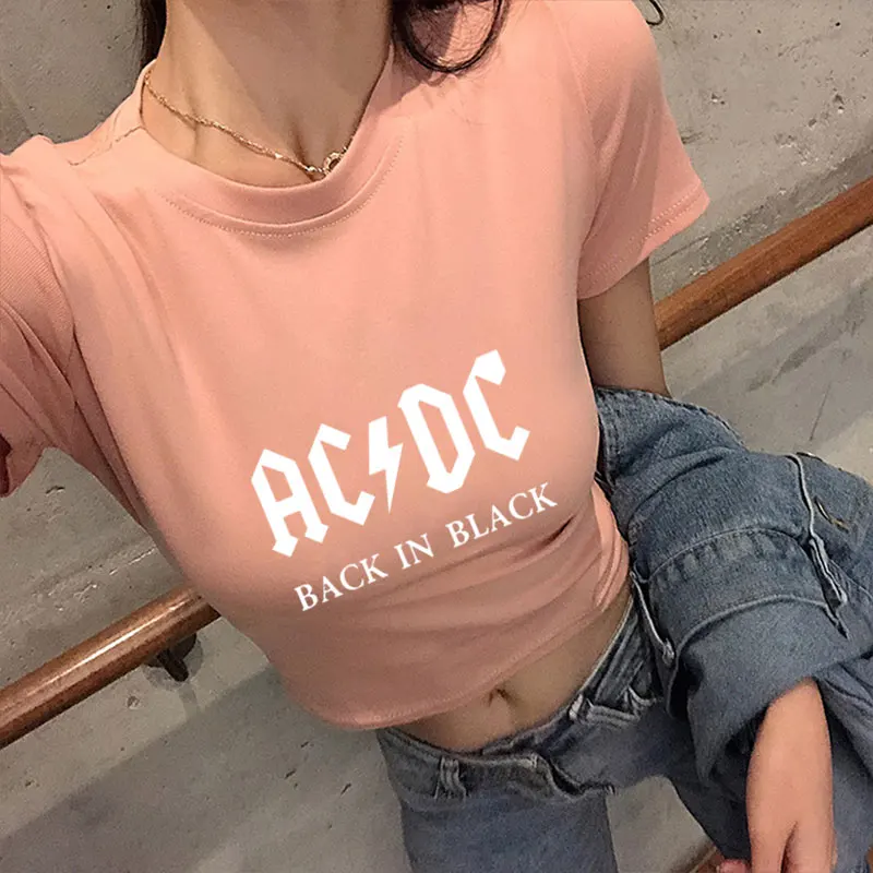 AC/DC Группа Футболка в стиле рок женские ACDC Письмо Печатные Графические футболки хип хоп Рэп музыка короткий рукав пикантные Топы Футболка