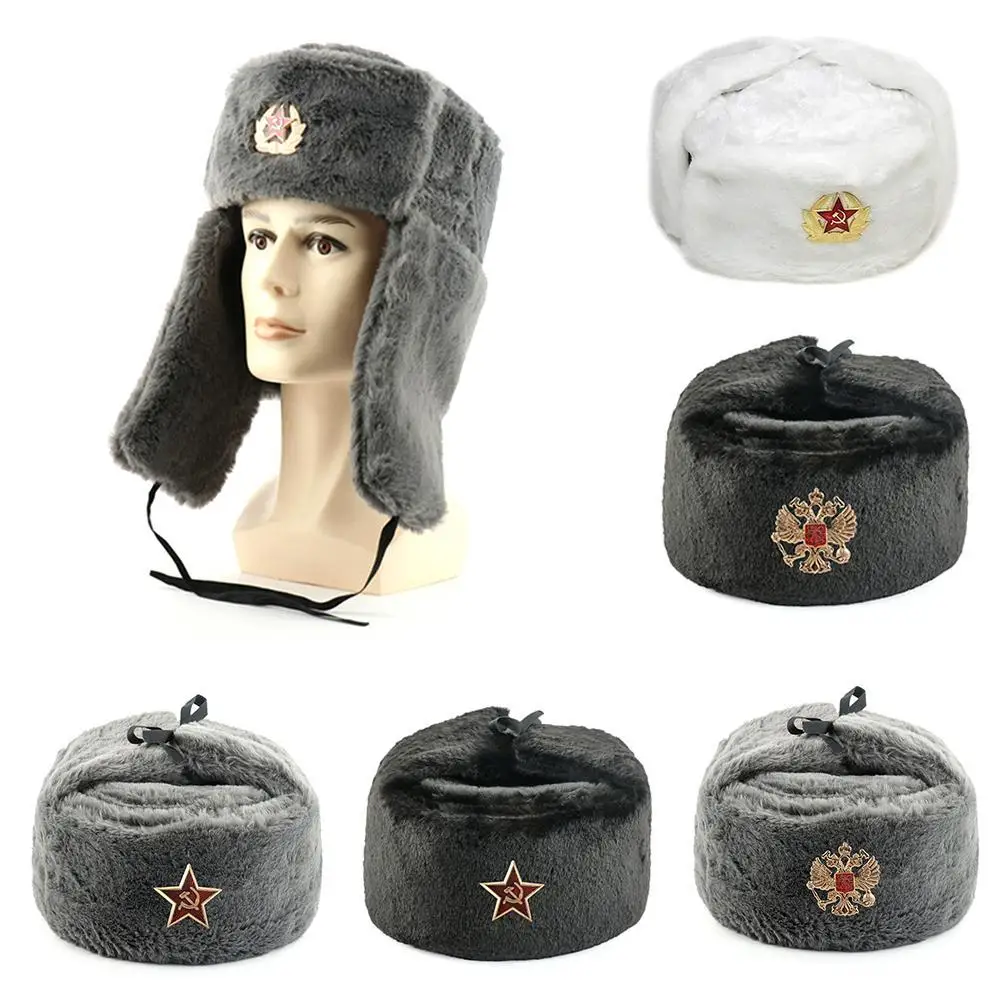 

Winter Warm Hats Russian Trapper Hat White With Soviet Badge Faux Fur Ushanka Cossack Flap Cap