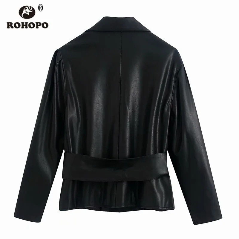 ROHOPO, Ретро стиль, искусственная кожа, воротник с лацканами, черная куртка, v-образный вырез, широкий пояс, длинный рукав, водонепроницаемая женская кожаная верхняя одежда#9893