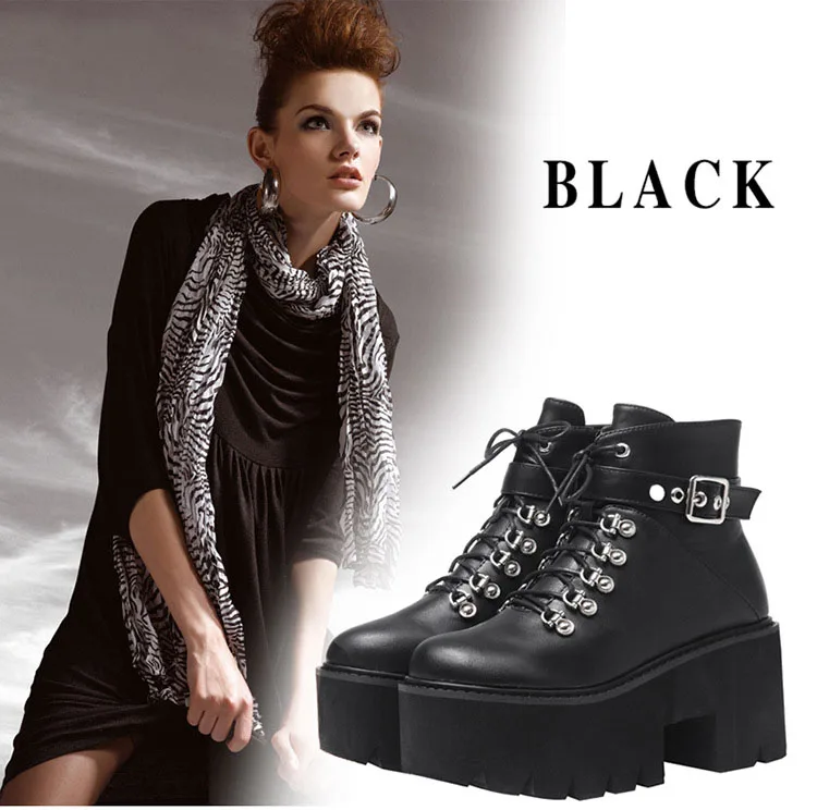 CEVABLUE Autumn And Winter New Thick Thick With Velvet Punk Patent Leather Chain Wedge High Heel Martin Boots JXQ-69-2