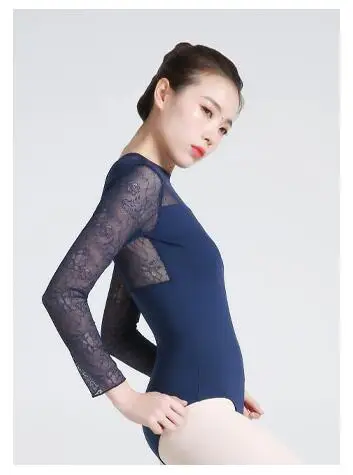 Blue Sexy Open Back Long Lace Sleeve Ballet Dance Leotard Adult Girls Spandex Gymnastics Leotard Women Ballet Dance Practice Clothing - Цвет: Blue