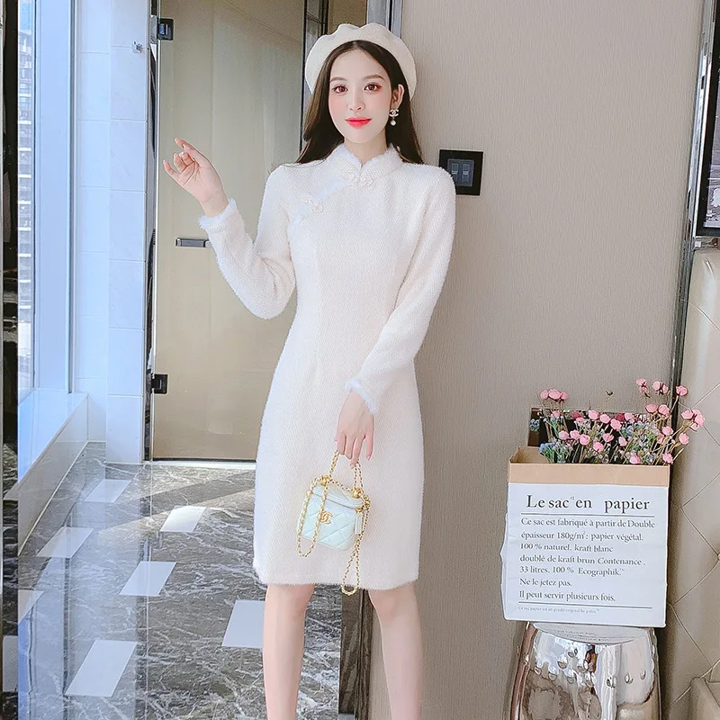 

Autumn Winter Cheongsam New Young Girl Chinese Style Qipao Retro Dress Medium Long White Sweet Daily Party Dress Thicken Dress