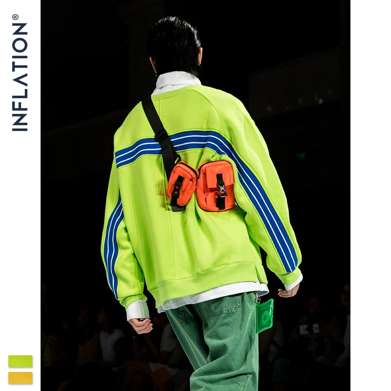 

INFLATION DESIGN Men Sweatshirt With Stripe On the Back Fleece Fabric Autumn Winter Loose Fit Men Sweatshirt Streetwear 9648W