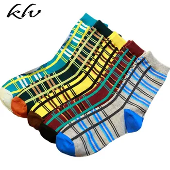 

5 Pairs Mens Autumn Contrast Color Vertical Horizontal Stripes Cotton Crew Socks