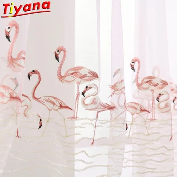 

Pink Flamingo Embroidered Curtain Tulle for Living Room Rural Bird Window Drpes for Balcony Kitchen X-HM287#30