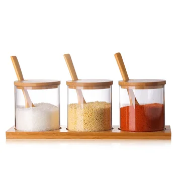 

3pcs Simple Creative Glass Seasoning Condiment Bottle Kitchenware Seasoning Jar Set with Wooden Spoon LL10281743