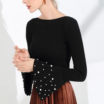 

Flare Sleeve Beading Sweater Women O-Neck Pullover Knitted Autumn Solid One Size Sweater
