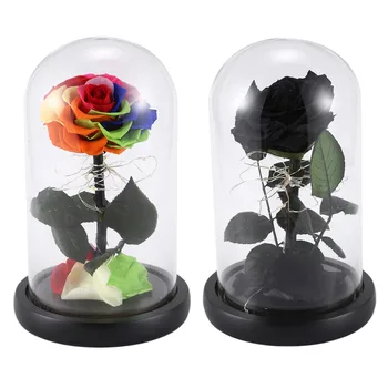 

Rose Kit, Red Silk Rose and Led Light with Fallen Petals in Glass e on Wooden Base Valentine's Day Anniversary Birthday