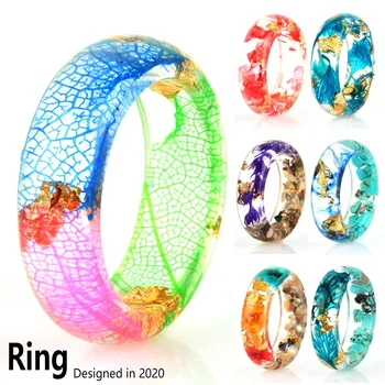 

New Handmade Forest Dried Flowers Gold Foil Paper Inside Resin Ring for Women Jewelry Engagement Wedding Finger Rings Party Gift