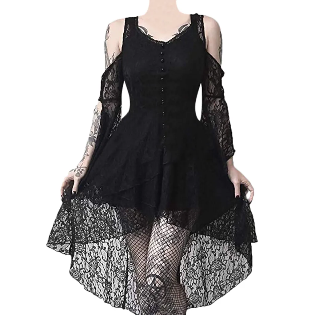 Vestido negro Punk con mangas con volantes para mujer, ropa gótica de talla grande con hombros descubiertos, de encaje para fiesta nocturna de Halloween - AliExpress Mobile