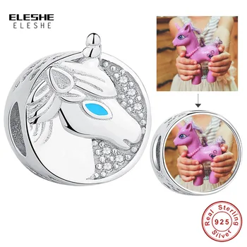 

ELESHE Personalized Custom Photo Round Beads 925 Sterling Silver Unicorn Charms fit Original Bracelet Necklace DIY Fine Jewelry