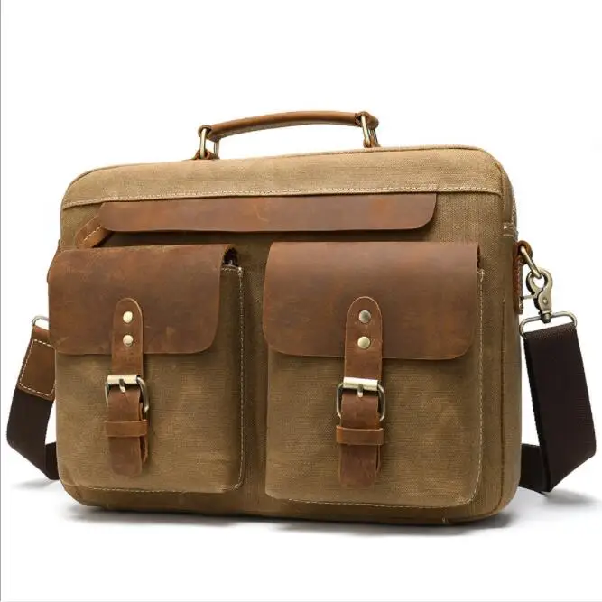 MAHEU холщовая мужская сумка 14 дюймов Сумка для ноутбука Портфель холщовая кожаная школьная сумка Мужская Женская рабочая сумка повседневная сумка на ремне - Цвет: Brown