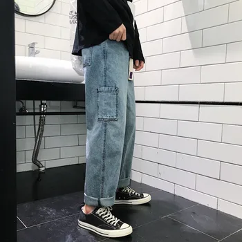 

UYUK2019 Autumn New Straight Through Loose Wild Casual Trend Large Size Korean Version Of The Pocket Men's Jeans Hip Hop