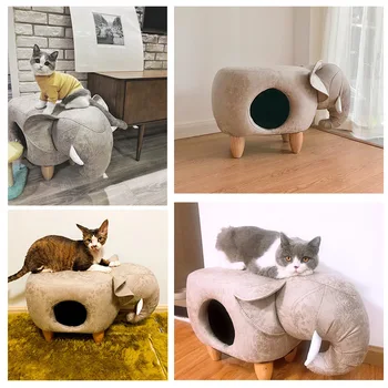 

Pet Nest Dog Nest Cat House Nest Semi-enclosed Villa Solid Wood Pedal PU Leather Stool Nest Dual-use Pet Supplies Toy