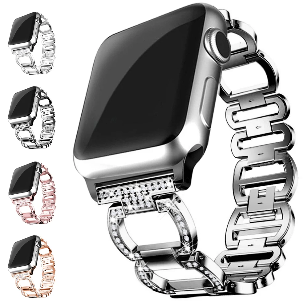 Бриллиантовый ремешок для apple watch series 5 4 3 2 1 браслет женщин из нержавеющей стали