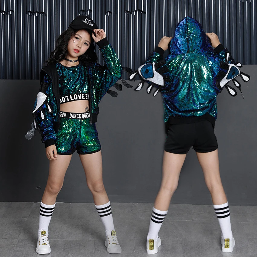 Korean Style Fancy Kids Student Girls Ballroom Jazz Dance Costumes Hip Hop Street Wear Big Eyes Sequin Jacket Clothing Set