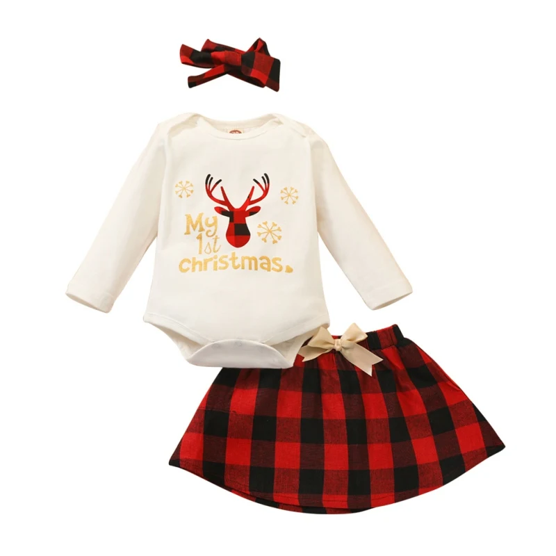 

Bobora Autumn Christmas Children's Clothing Girls Baby Long Sleeve Romper + Plaid Skirt + Headband Set Streetwear 0-18M