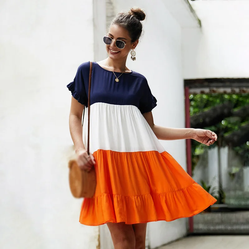 

Women Mini Contrast Color Dress Lady O-Neck Short Sleeve Casual Loose Sundress