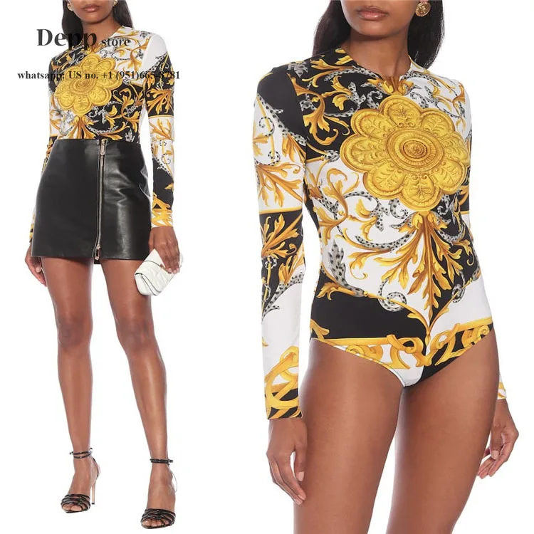 

luxury designer branded bodysuit women jumpsuits rompers womens jumpsuit long sleeve vintage print sexy bodycon romper bodysuit