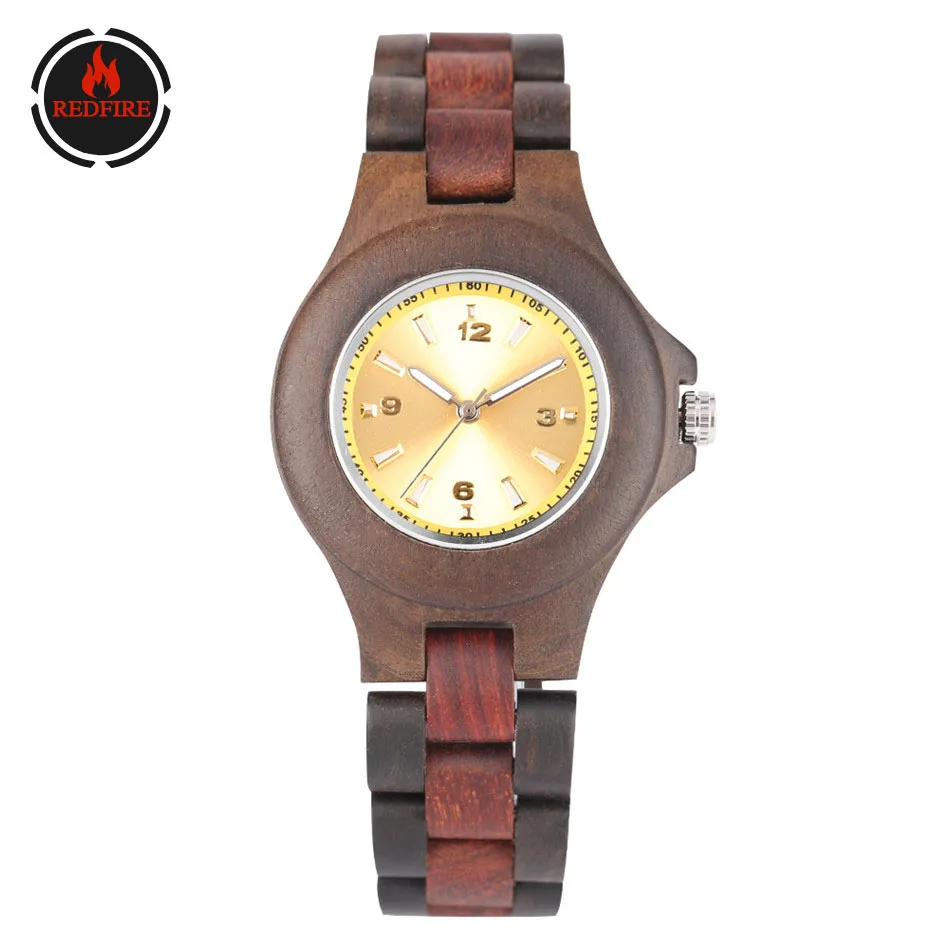 

REDFIRE Ladies Watches Natural Wooden Quartz Clock Simple Yellow Small Dial Elegant Wood Watch for Women Full Wood Watchbands