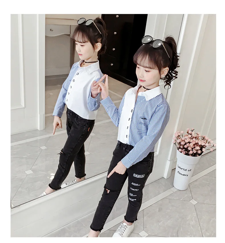 Детская рубашка г., осенняя новая стильная разноцветная рубашка в полоску с отложным воротником универсальная рубашка для девочек в Корейском стиле