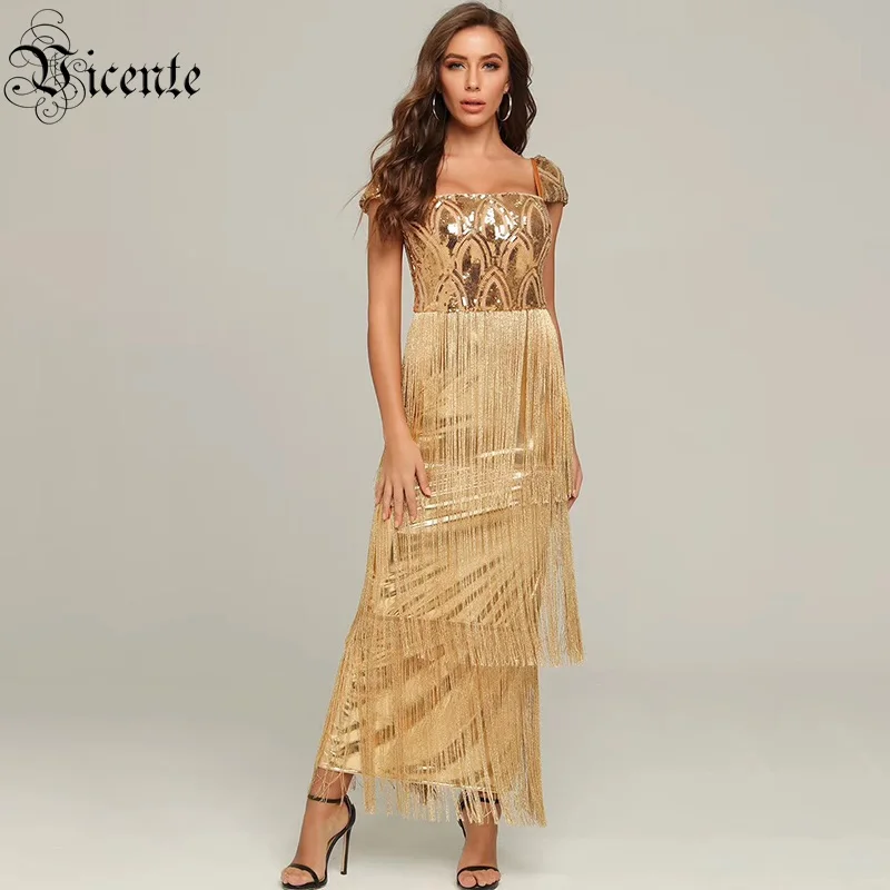 VC,,, с кисточками, из искусственной кожи, Vestidos, с золотыми блестками, с короткими рукавами, вечерние платья знаменитостей, длинное платье