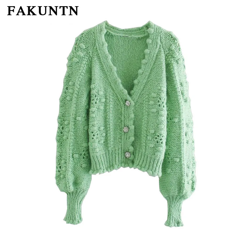 

FAKUNTN Women Knit Cardigan Sweater 2021 Fashion Autumn Winter Clothes Long Sleeve Knitted Top Vintage Green Cardigan Women Coat