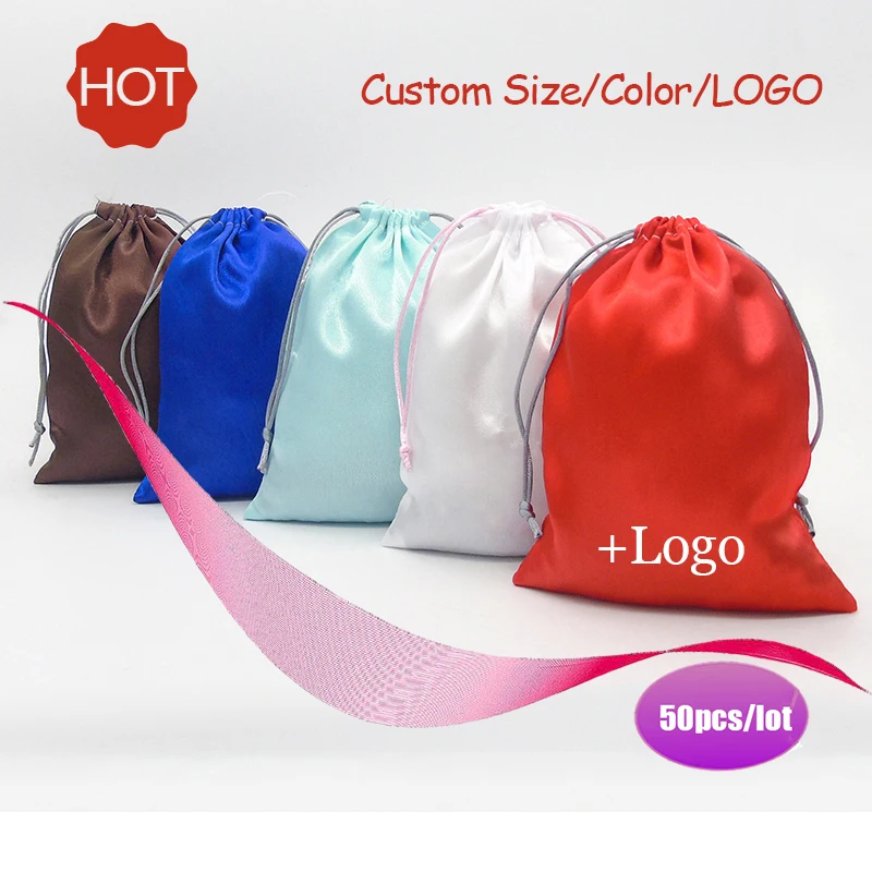 Satin Drawstring Bag Jade/Ribbon Jewelry/Hair/Gift/Travel/Watch/Shoes/Diamond/Ring/Bead Pouch Silk Cloth Bags Custom Logo 50p
