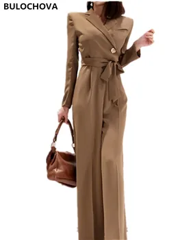 

2019 Newest Autumn Women OL Runway Wide leg pants Rompers with belt Lady Long Sleeve Slim Boho Jumpsuits