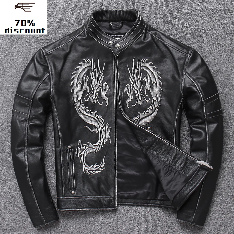 

2020 New Genuine Men's leather jacket embroidered dragon leather locomotive decorated with thin Men's cow leather coat