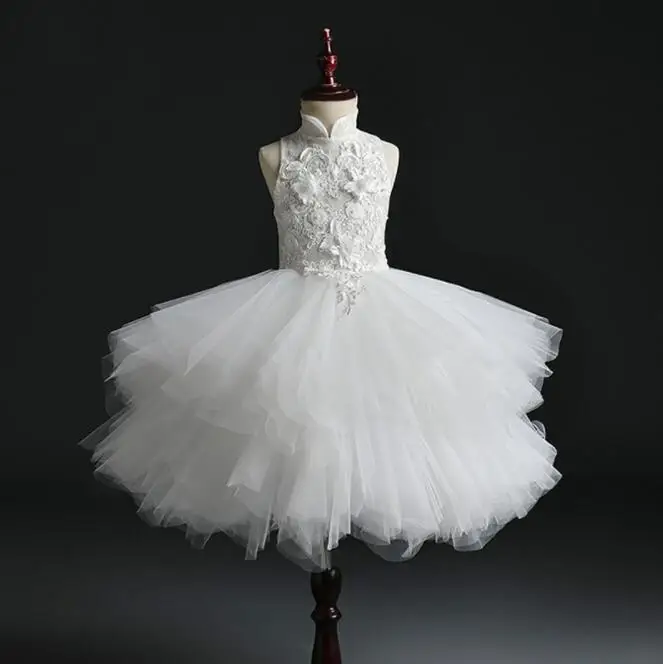 Girls Dress Glizt Long Trailing White Lace First Communion Dress Flower Tulle Ball Gown Girls Pageant Gown Flower Girl Dress for Weddings