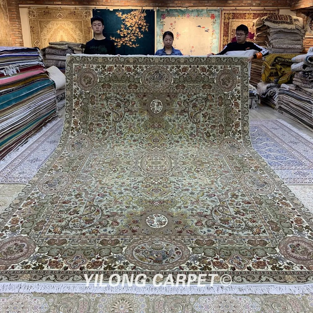 Yilong 9,3 'x14 'персидский шерстяной шелковый ковер бежевый большой размер ручной вязки шерстяной ковер(ZSH011WS
