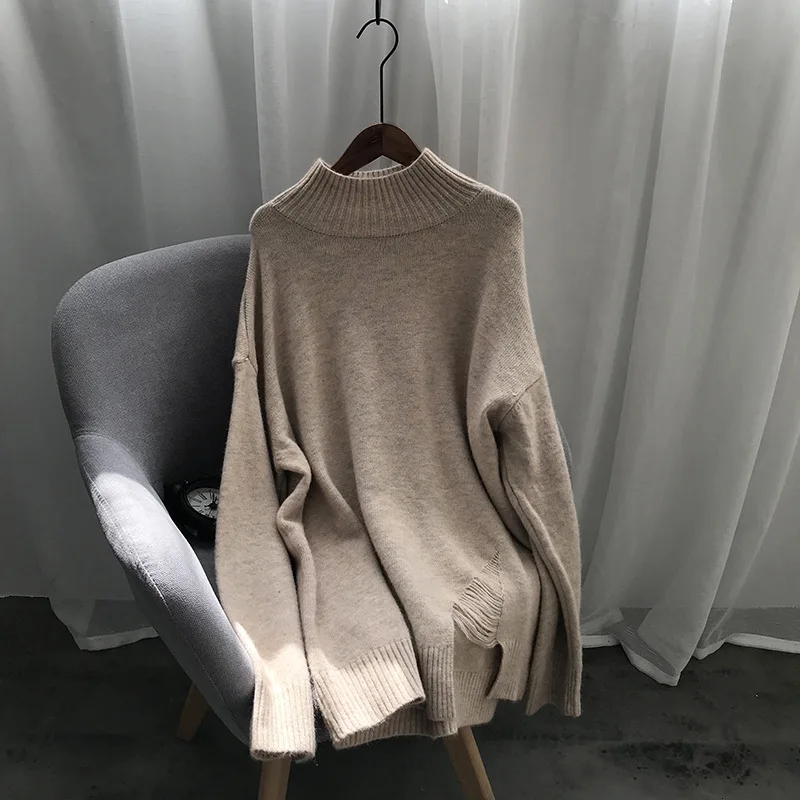 Lightcoffeecolor Mooirue зима женский свитер в Корейском стиле с высоким воротом, Свободный вязаный тонкий свитер для женщин, желтый белый свитер - Цвет: Lightcoffeecolor