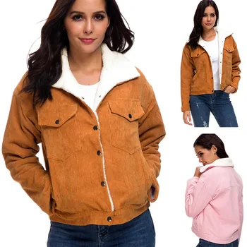 

2019 New Women Winter Jacket Thick Fur Lined Coats Fashion Faux Fur Lining Corduroy Bomber Jackets Cute Outwear