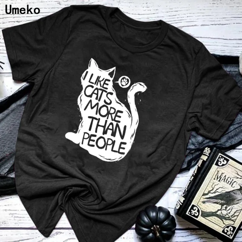 Футболка женская с надписью I LIKE CATS MORE THAN PEOPLE Повседневная рубашка круглым