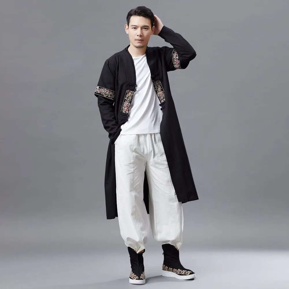 LZJN 2019 Men Autumn Trench Coat Cotton Linen Longline Long Sleeve Jacket Chinese Frog Buttons Outfit Overcoat with Pockets (17)