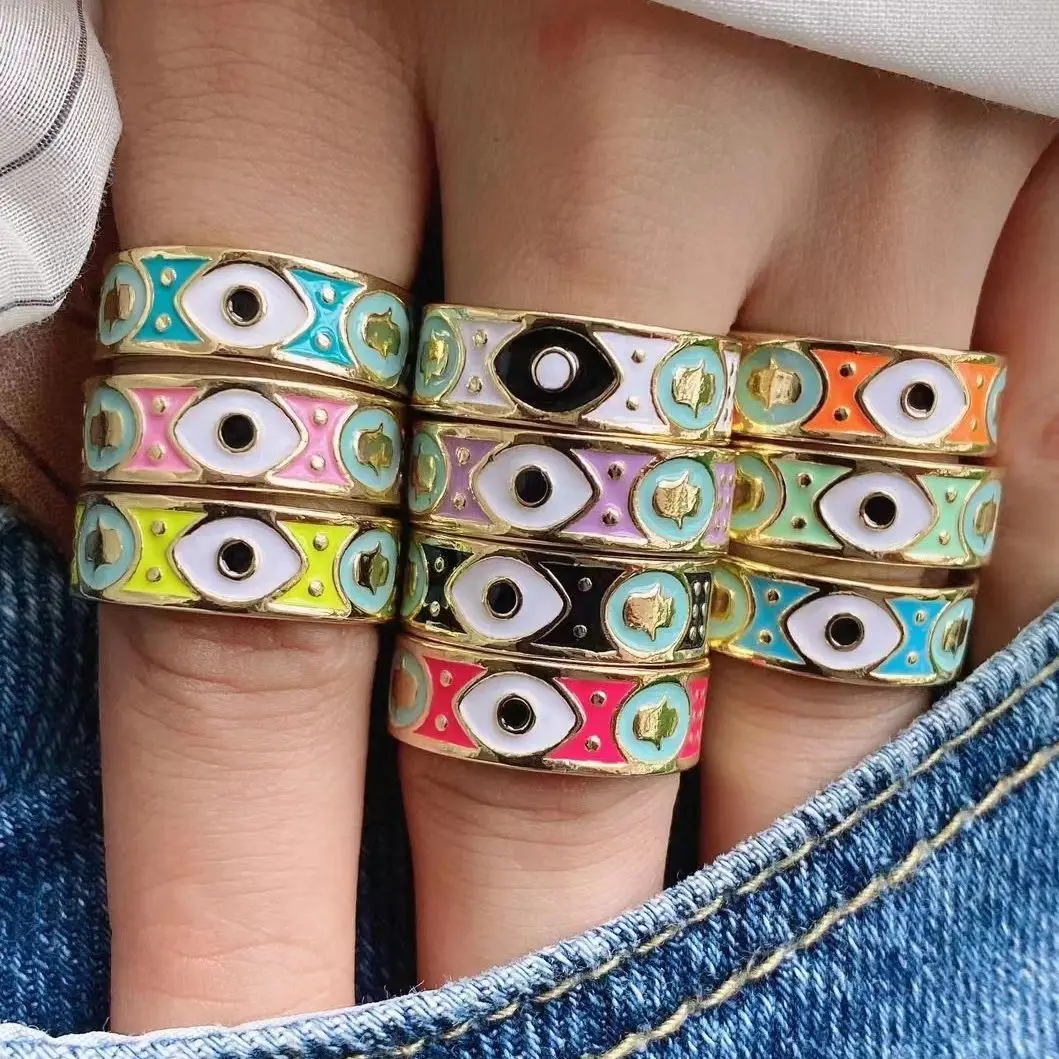 

10Pcs Fashion Colorful Enamel Eyes Rings Dripping Oil Metal Adjustable Finger Ring Trendy Jewelry Gift